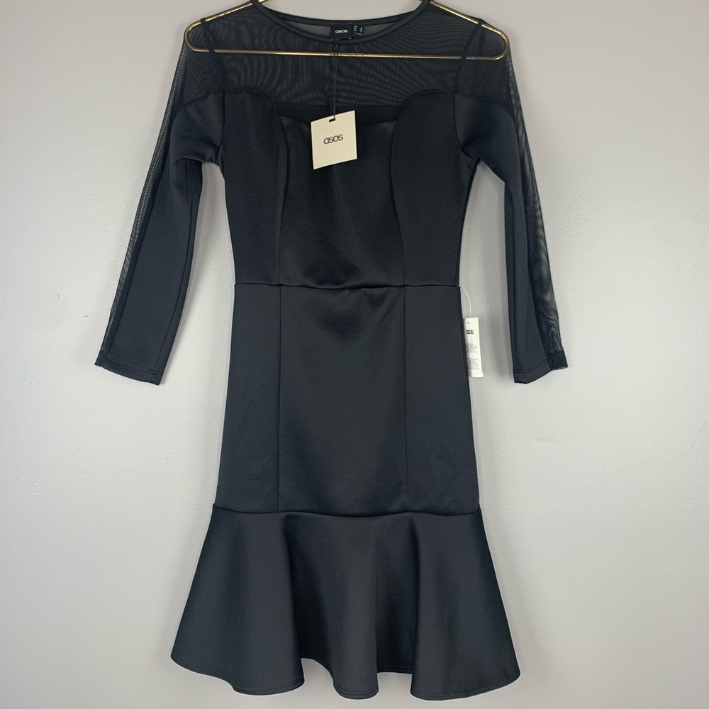 ASOS black sheer sleeve ruffle hem dress, size 0